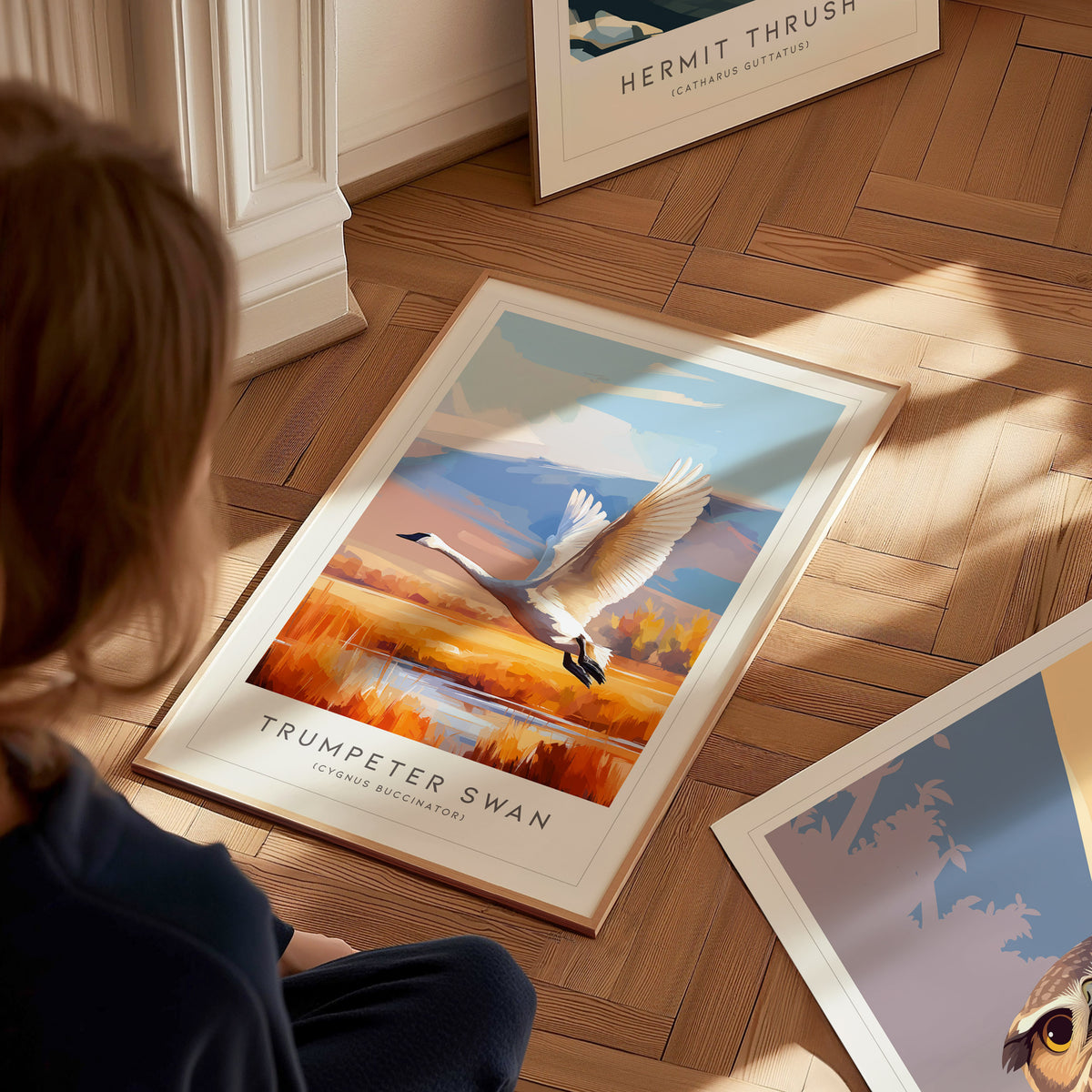 Trumpeter Swan Poster | Elegant Waterbird in Winter Calm Wall Art — styled in a modern interior