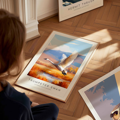 Trumpeter Swan Poster | Elegant Waterbird in Winter Calm Wall Art — styled in a modern interior