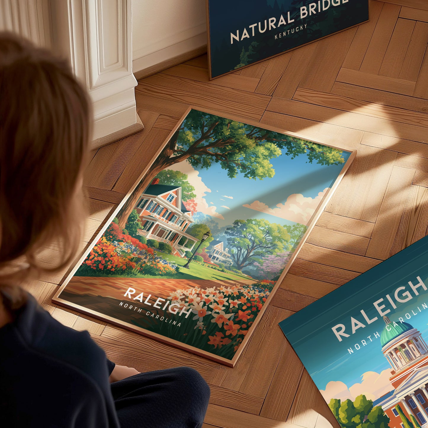 Raleigh, North Carolina Poster | Oak City Skyline Destination Print Wall Art — styled in a modern interior