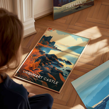 Urquhart Castle, Scotland Poster | Loch Ness Highland Ruins Wall Art — styled in a modern interior