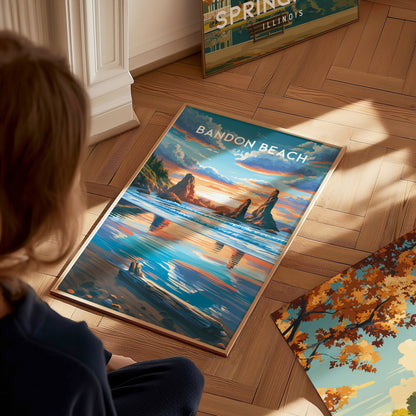 Bandon Beach, Oregon Poster | Sea Stacks & Sunset Travel Wall Art — styled in a modern interior
