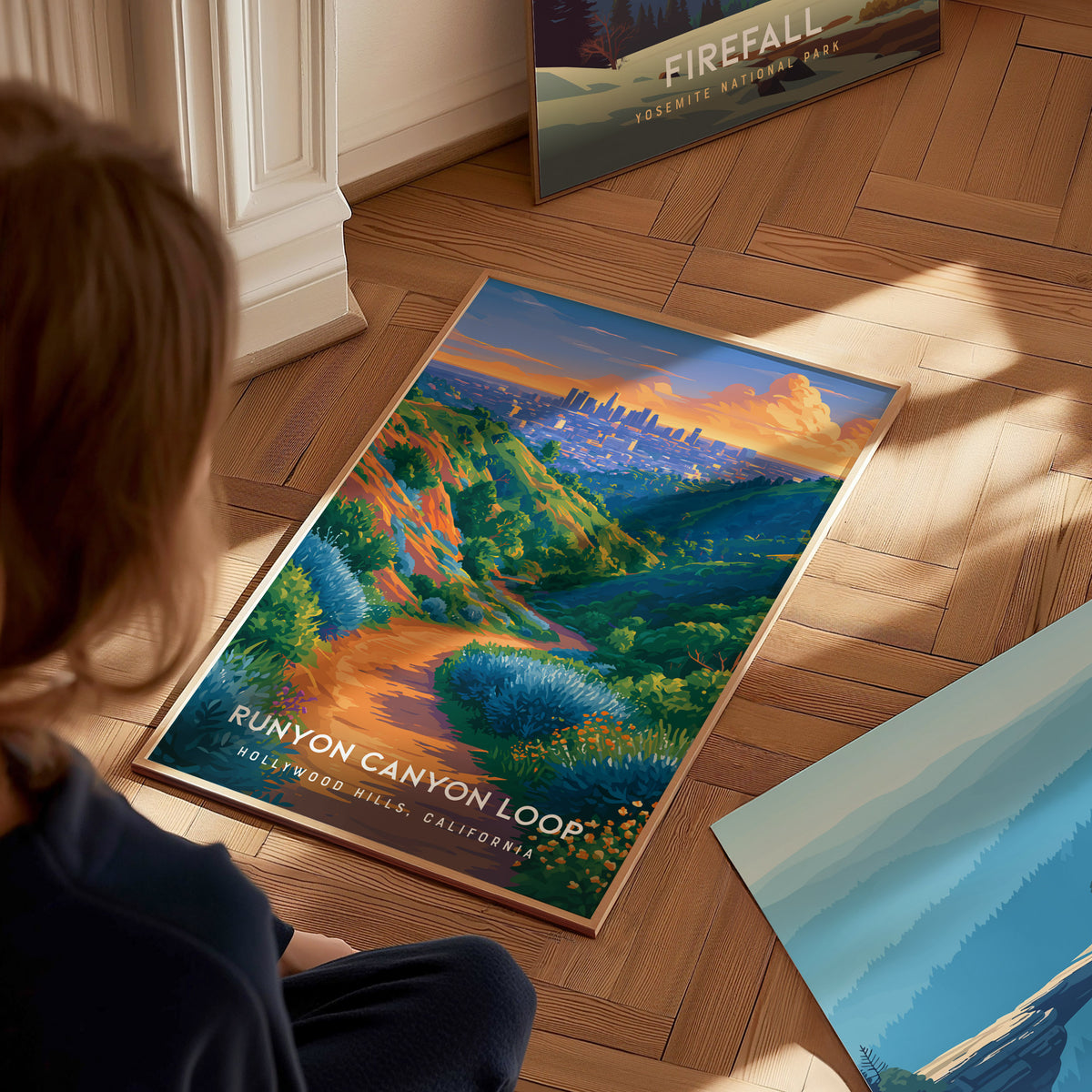 Runyon Canyon Loop, Hollywood Hills, California Poster | Hiking Trail & City Skyline Wall Art — styled in a modern interior