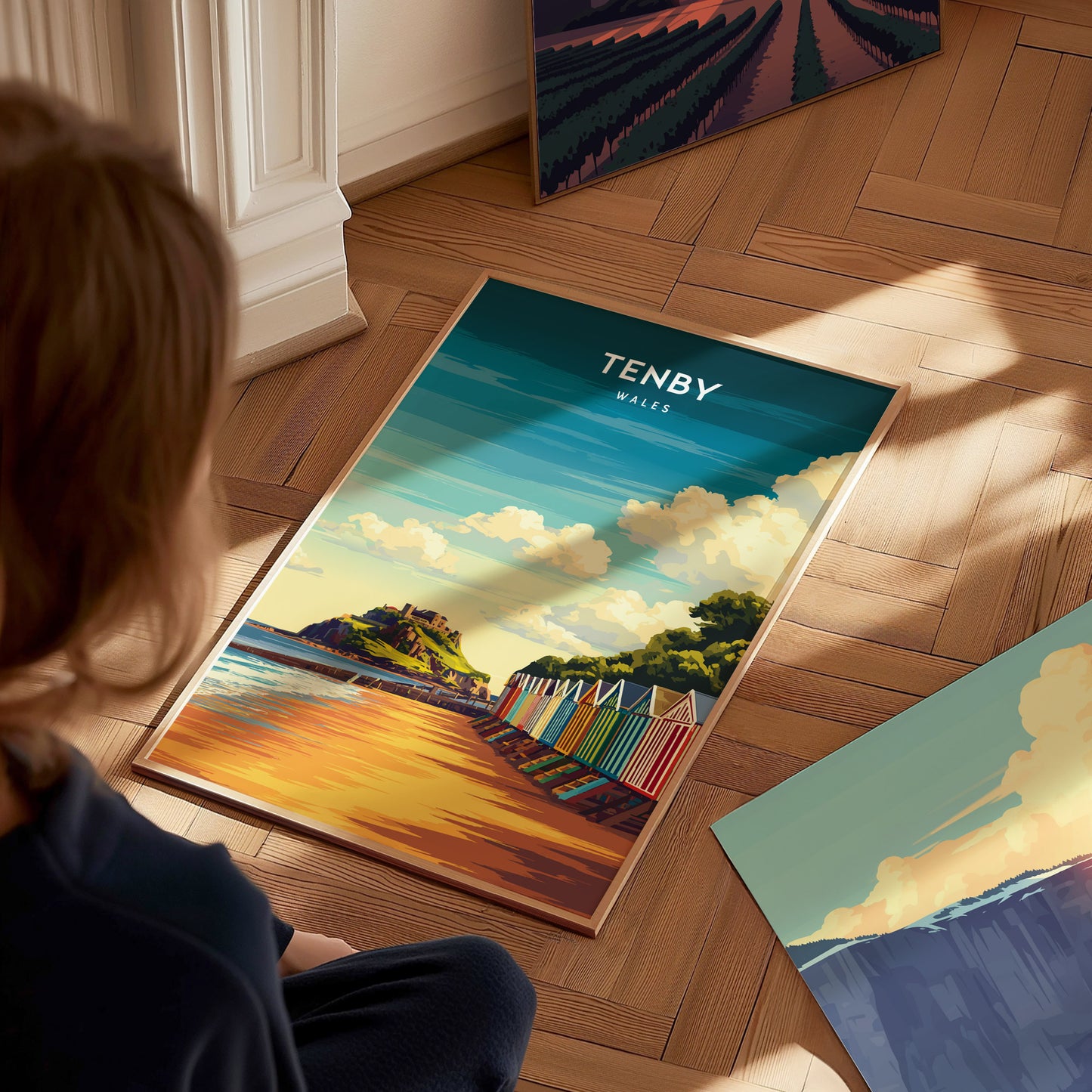 Tenby, Wales Poster | Pastel Harbour & Coastal Cliffs Wall Art — styled in a modern interior