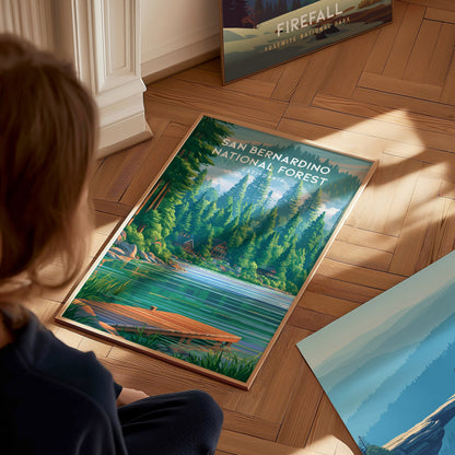 San Bernardino National Forest, California Poster | Mountain Pines & Alpine Wilderness Wall Art — styled in a modern interior