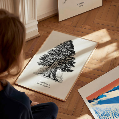 Giant Sequoia Poster | Vintage Sequoiadendron Giganteum Botanical Illustration Wall Art — styled in a modern interior
