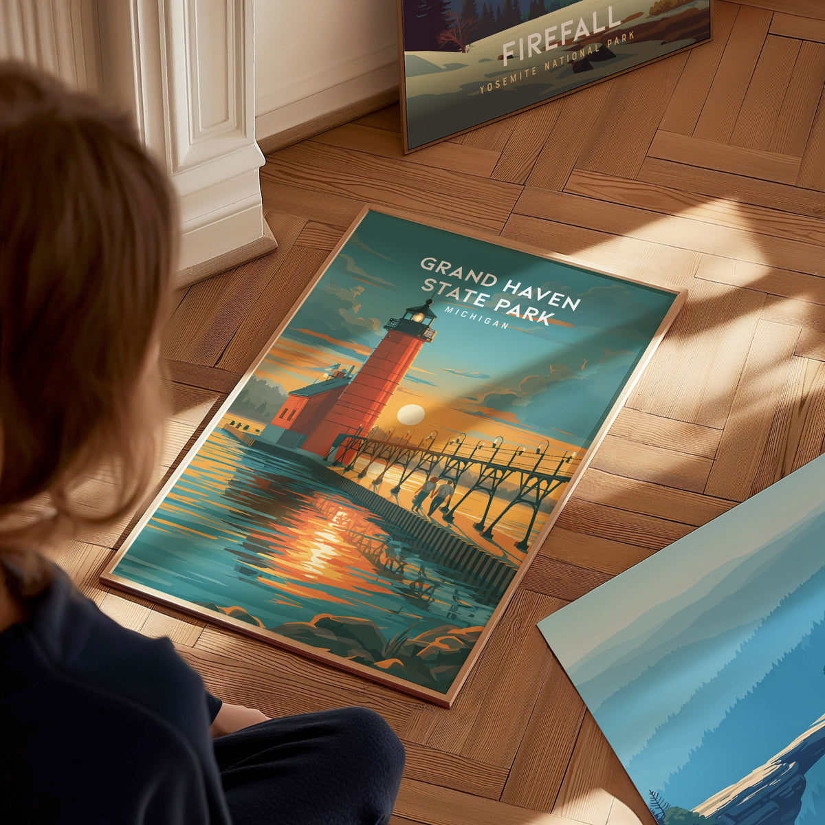 Grand Haven State Park, Michigan Poster | Lighthouse & Pier Beach House Decor Wall Art — styled in a modern interior