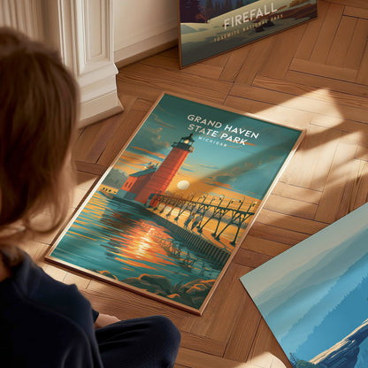 Grand Haven State Park, Michigan Poster | Lighthouse & Pier Beach House Decor Wall Art — styled in a modern interior