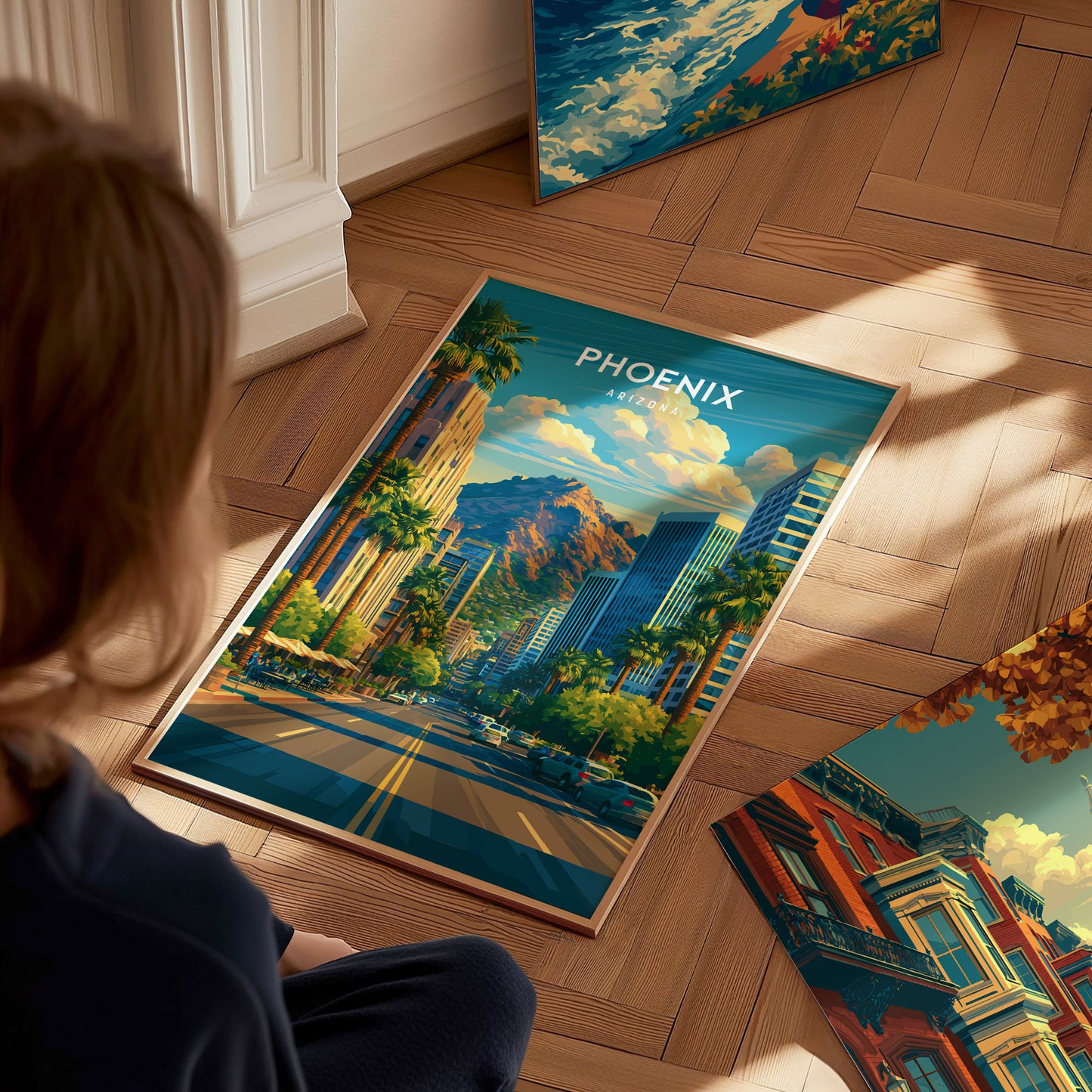 Phoenix, Arizona Poster | Desert Skyline & Saguaro Sunset Wall Art — styled in a modern interior