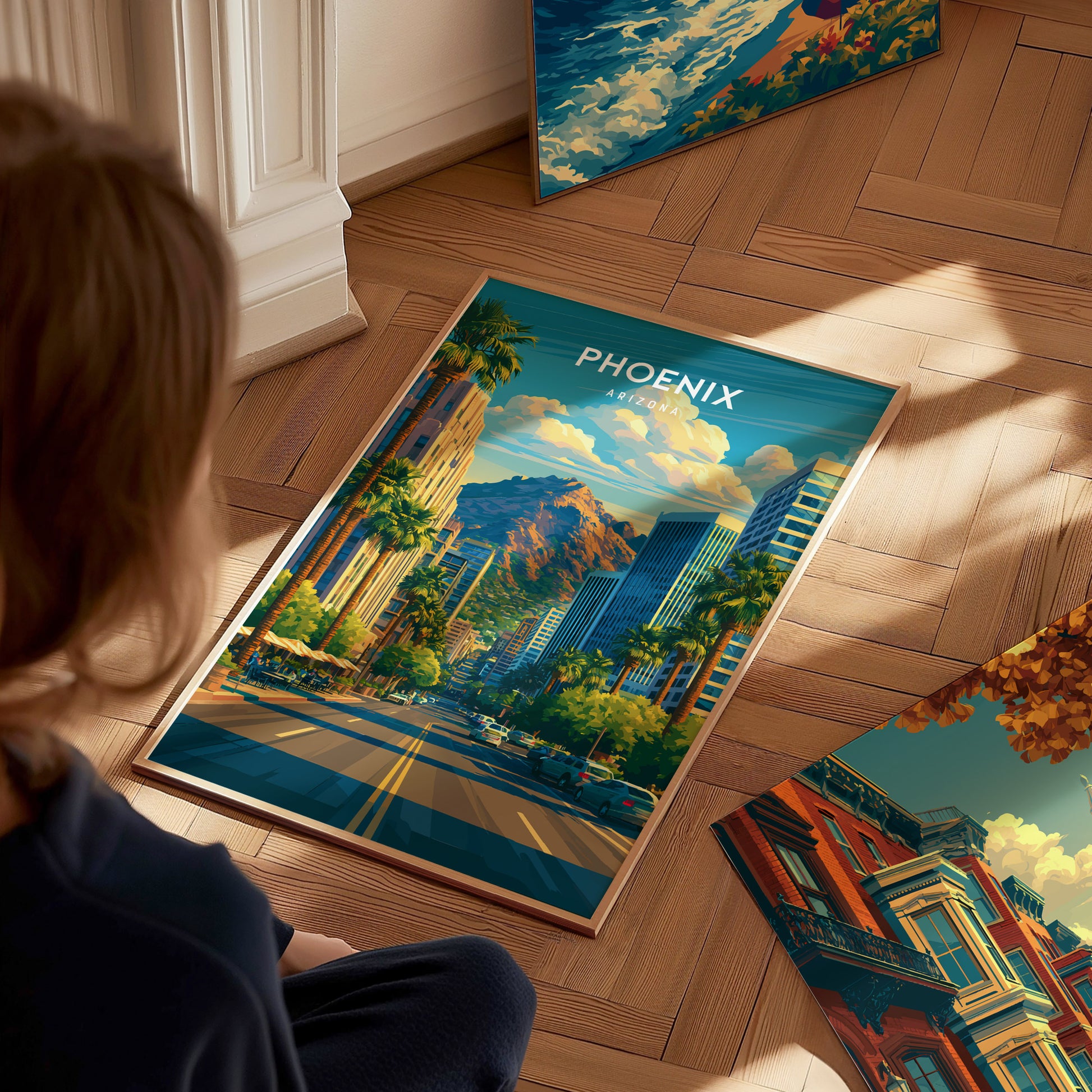 Phoenix, Arizona Poster | Desert Skyline & Saguaro Sunset Wall Art — styled in a modern interior