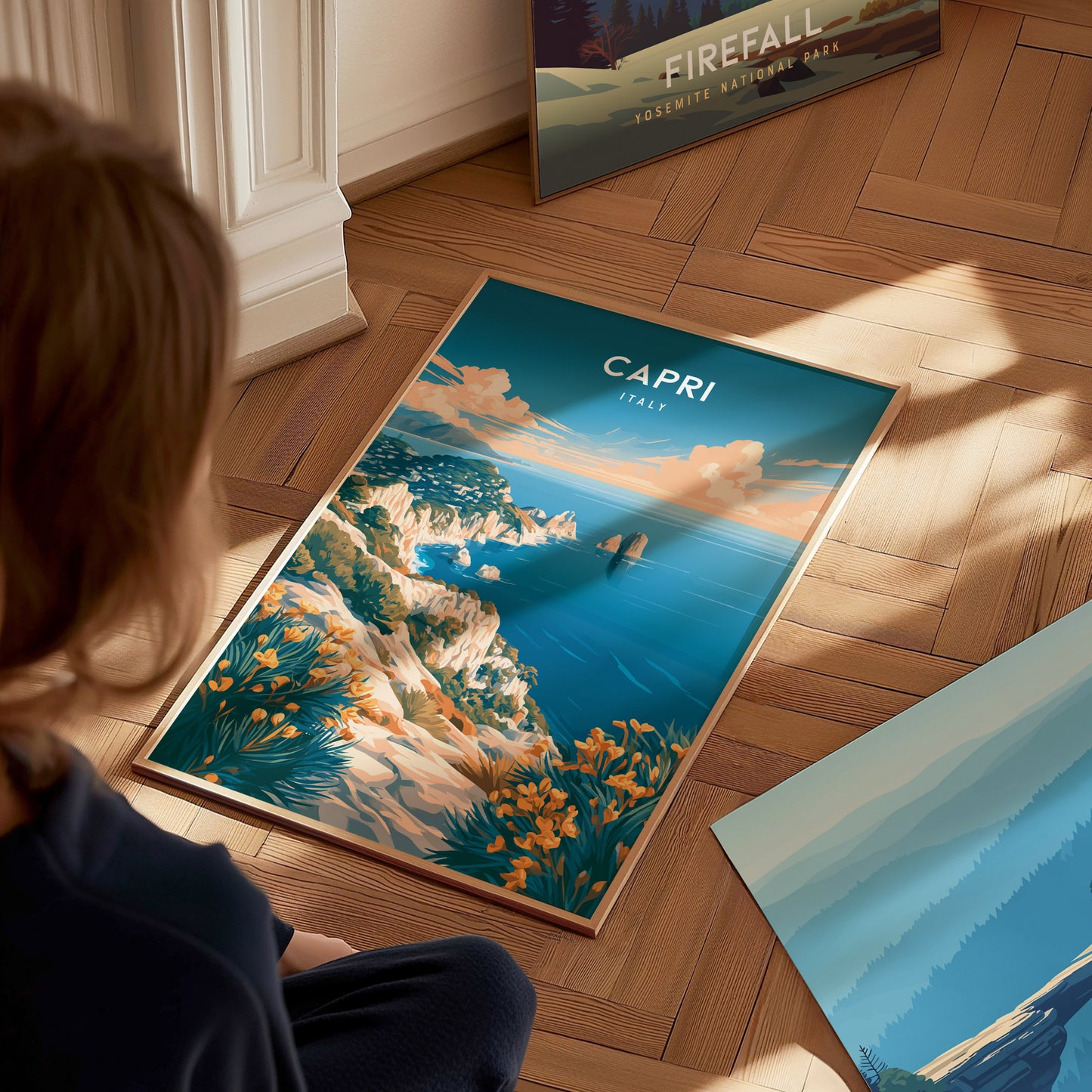 Capri, Italy Poster | Mediterranean Island Coastal Beach Decor Wall Art — styled in a modern interior