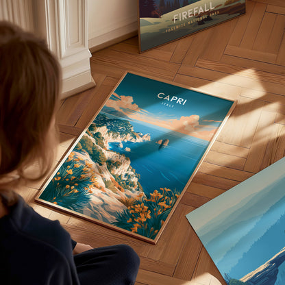 Capri, Italy Poster | Mediterranean Island Coastal Beach Decor Wall Art — styled in a modern interior