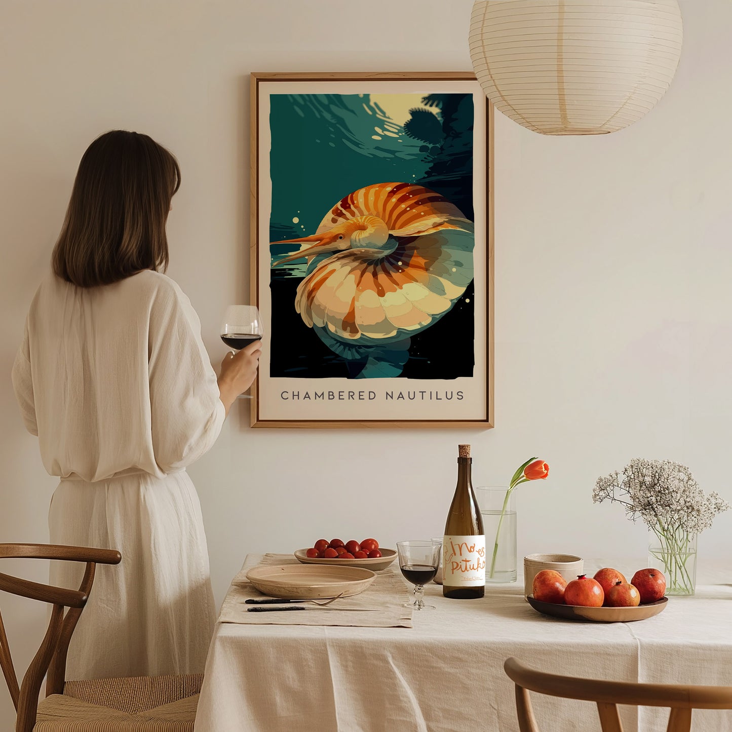 Chambered Nautilus Poster | Golden Spiral Shell Wildlife Wall Art — styled in a modern interior