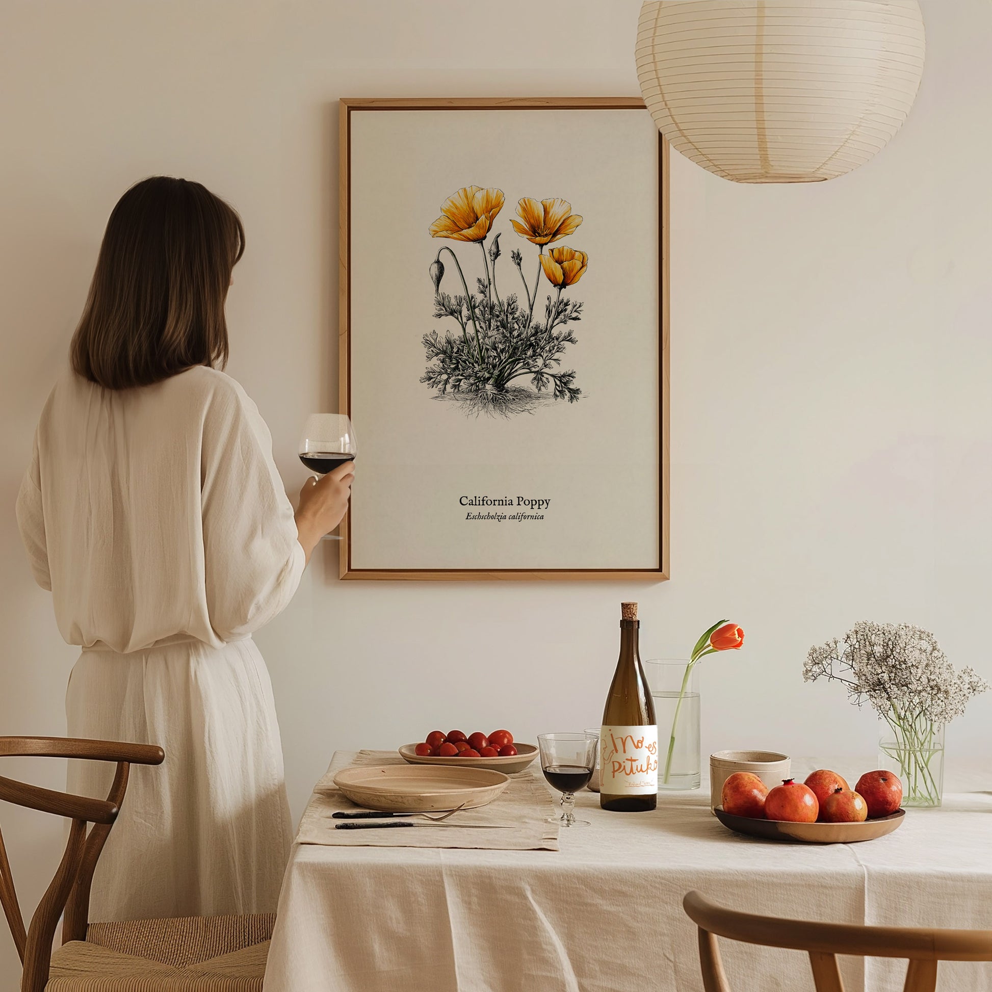 California Poppy Poster | Vintage Eschscholzia californica Botanical Illustration Wall Art — styled in a modern interior
