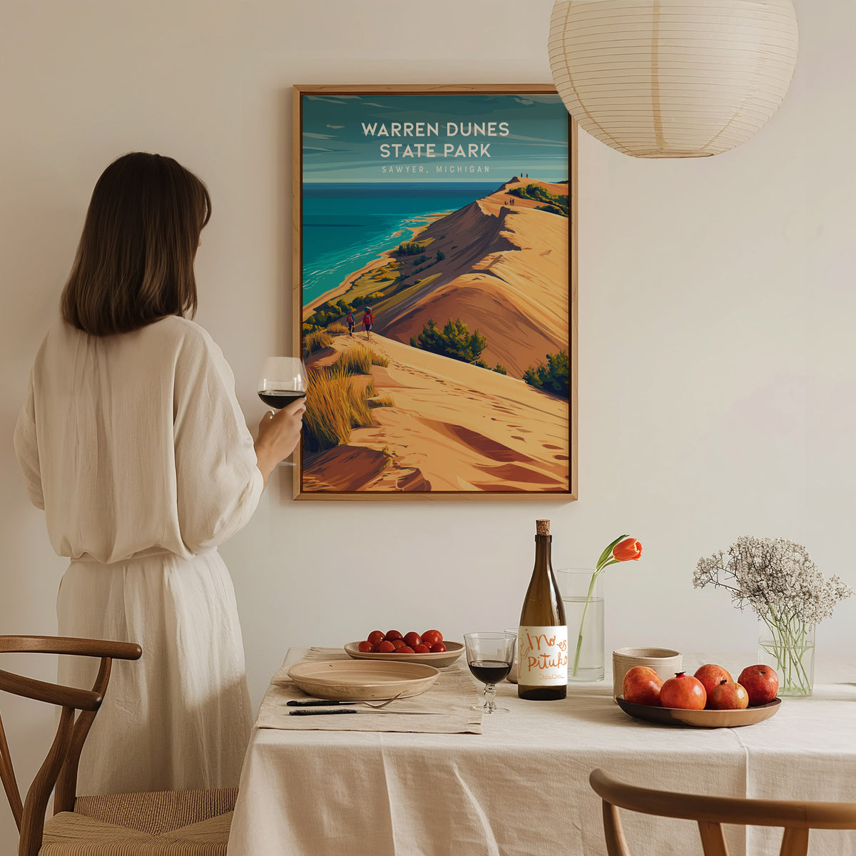 Warren Dunes State Park, Sawyer, Michigan Poster | Coastal Beach Decor Wall Art — styled in a modern interior