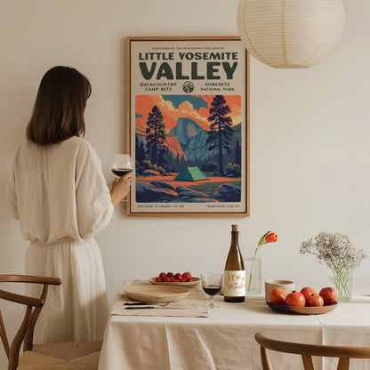 Little Yosemite Valley, Yosemite National Park Poster | Hiker Gift | Backcountry Trail Wall Art — styled in a modern interior