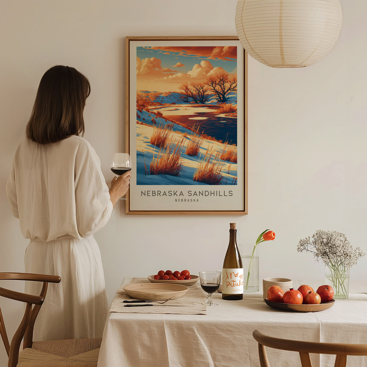 Nebraska Sandhills Matte Border Poster | Nebraska Destination Print Travel Gift — styled in a modern interior