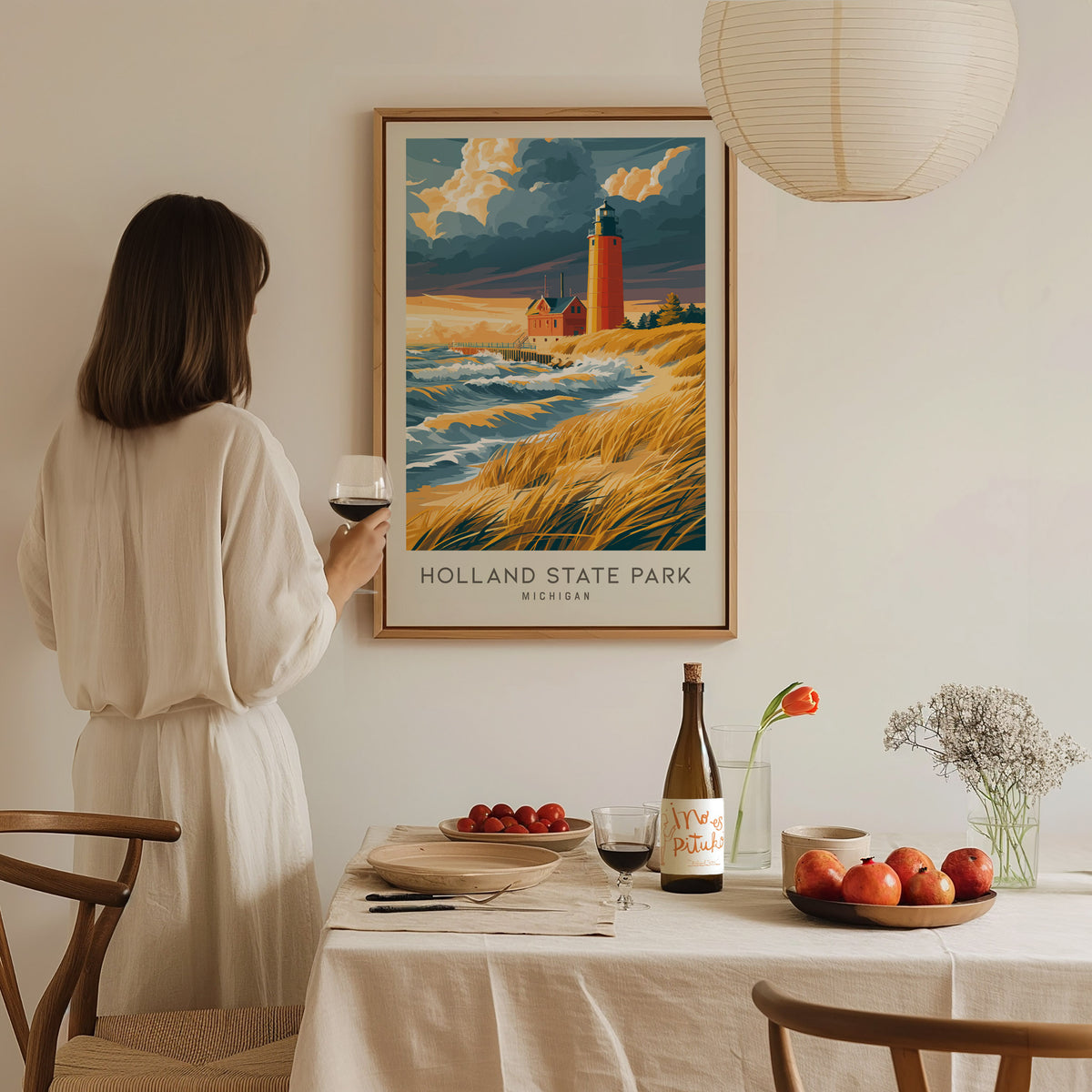 Holland State Park Matte Border Poster | Michigan Travel Wall Art — styled in a modern interior
