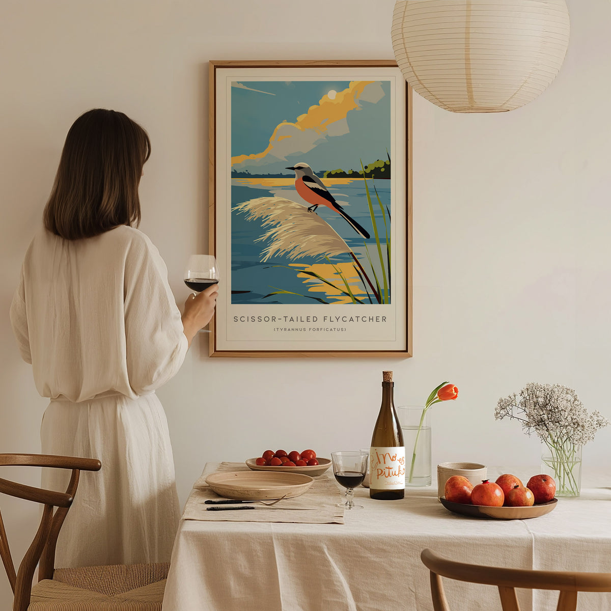 Scissor-tailed Flycatcher Poster | Graceful Prairie Bird Portrait Wall Art — styled in a modern interior