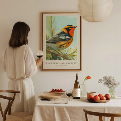 Blackburnian Warbler, Setophaga fusca Poster | Fiery Songbird Nature Print Wall Art — styled in a modern interior