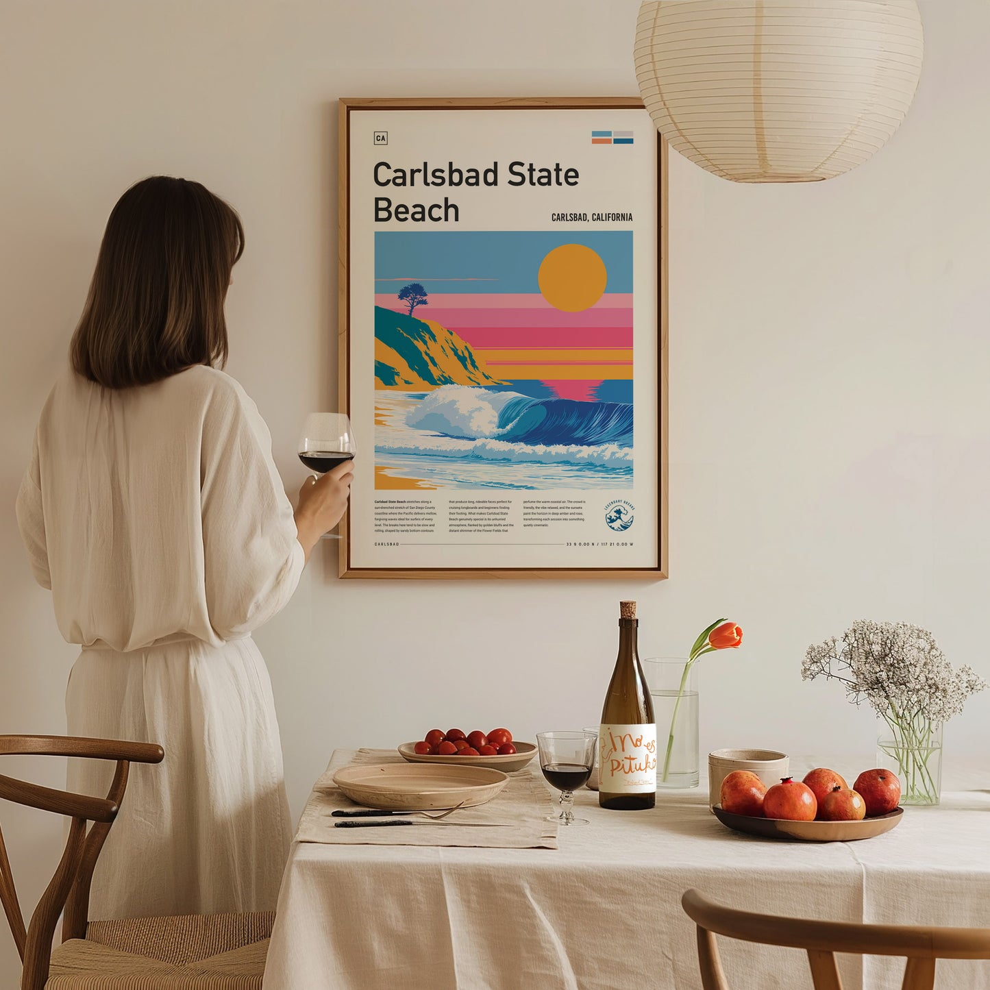 Carlsbad State Beach, California Poster | Golden Cliffs & Surf Coastline Wall Art — styled in a modern interior