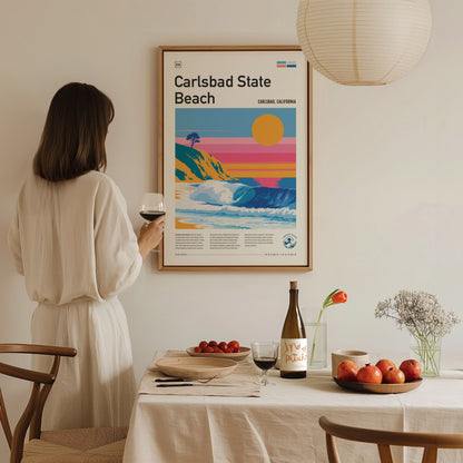 Carlsbad State Beach, California Poster | Golden Cliffs & Surf Coastline Wall Art — styled in a modern interior