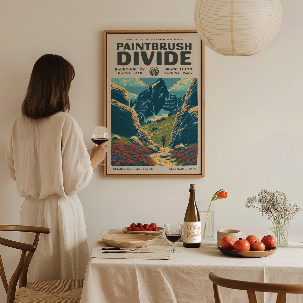 Paintbrush Divide, Grand Teton National Park Poster | Hiker Gift | Backcountry Trail Wall Art — styled in a modern interior