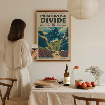 Paintbrush Divide, Grand Teton National Park Poster | Hiker Gift | Backcountry Trail Wall Art — styled in a modern interior