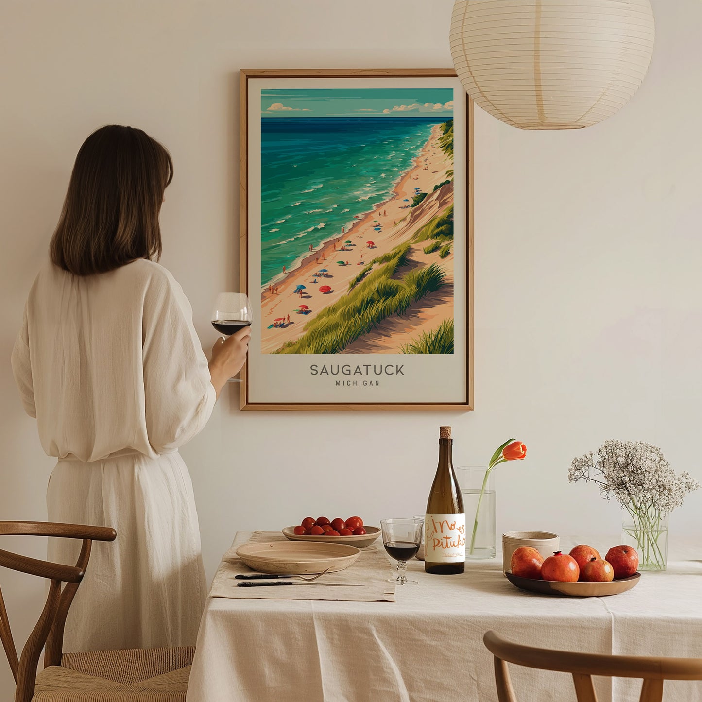Saugatuck Matte Border Poster | Michigan Coastal Beach Decor Travel Wall Art — styled in a modern interior