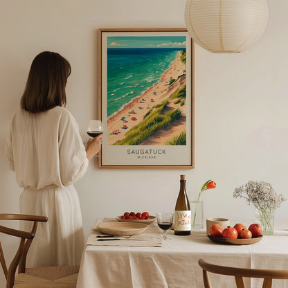 Saugatuck Matte Border Poster | Michigan Coastal Beach Decor Travel Wall Art — styled in a modern interior