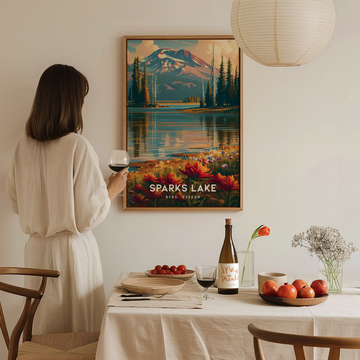 Sparks Lake, Bend, Oregon Poster | Mountain Reflections Vacation Wall Art — styled in a modern interior