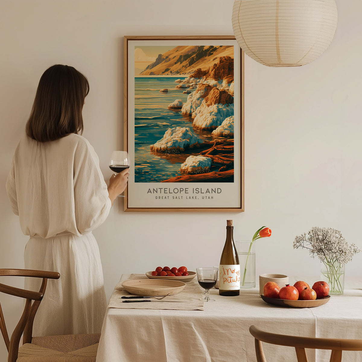 Antelope Island Matte Border Poster | Great Salt Lake, Utah Travel Wall Art — styled in a modern interior