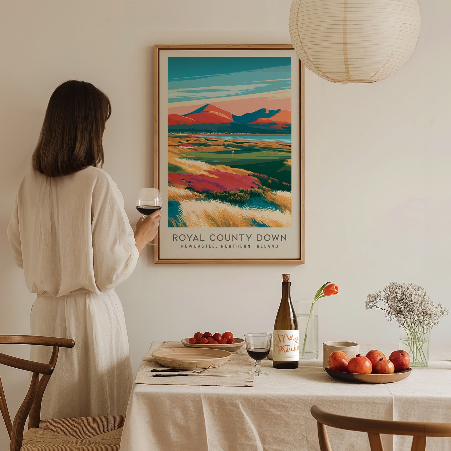 Royal County Down Matte Border Poster | Newcastle, Northern Ireland Golf Course Print Wall Art — styled in a modern interior