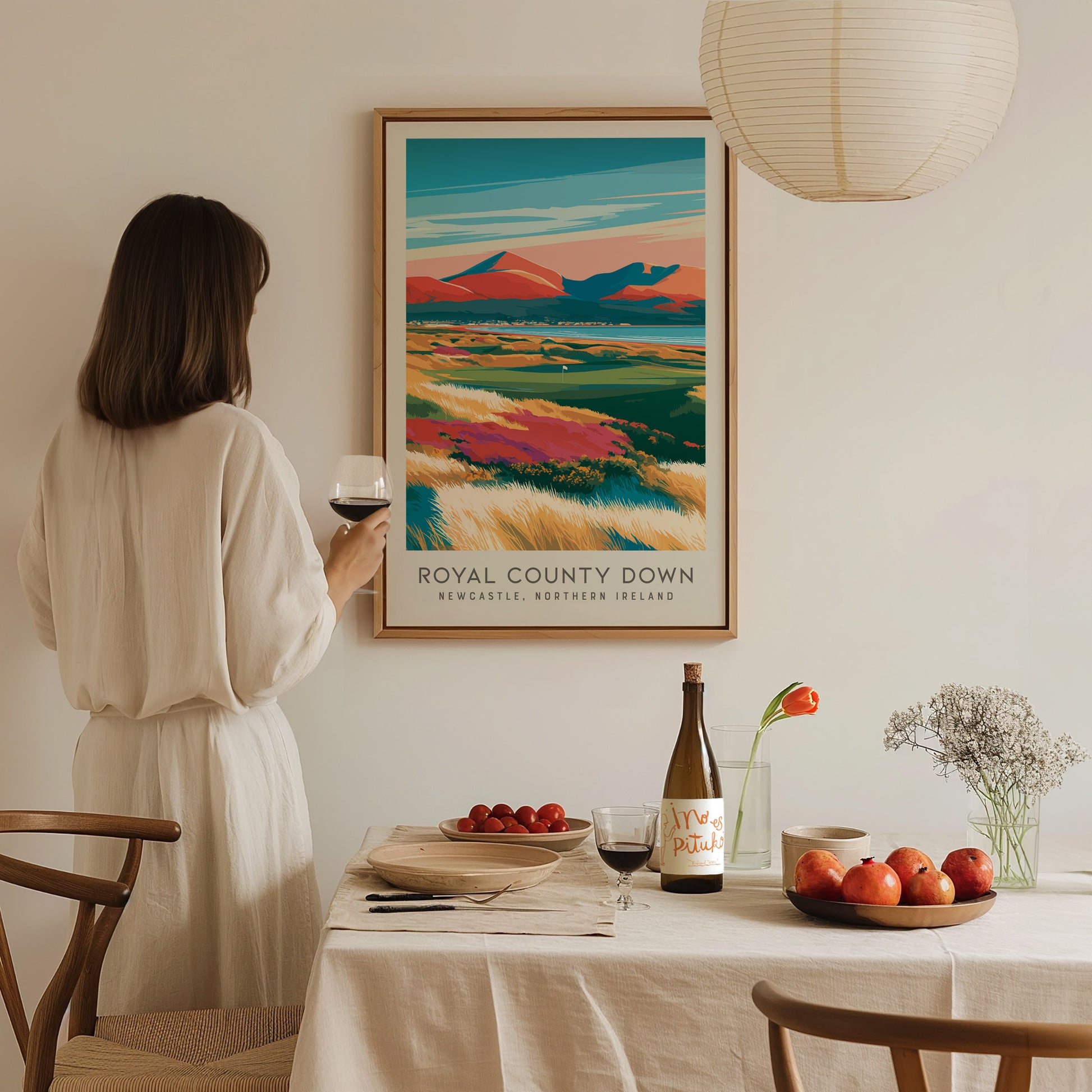 Royal County Down Matte Border Poster | Newcastle, Northern Ireland Golf Course Print Wall Art — styled in a modern interior