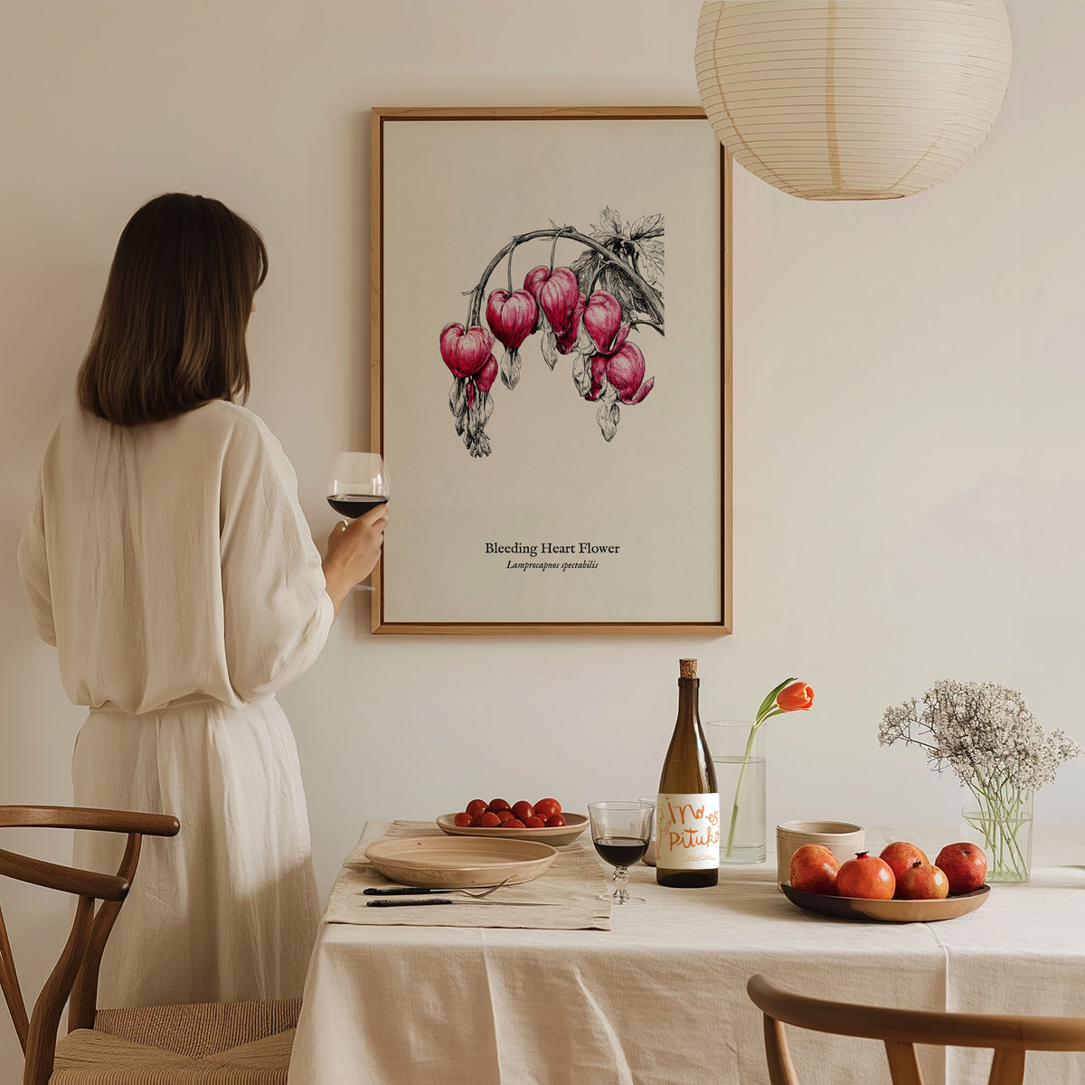 Bleeding Heart Flower Poster | Lamprocapnos spectabilis Pen and Ink Print Botanical Illustration Wall Art — styled in a moder