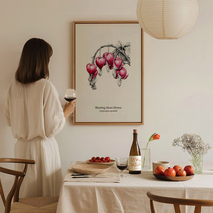 Bleeding Heart Flower Poster | Lamprocapnos spectabilis Pen and Ink Print Botanical Illustration Wall Art — styled in a moder