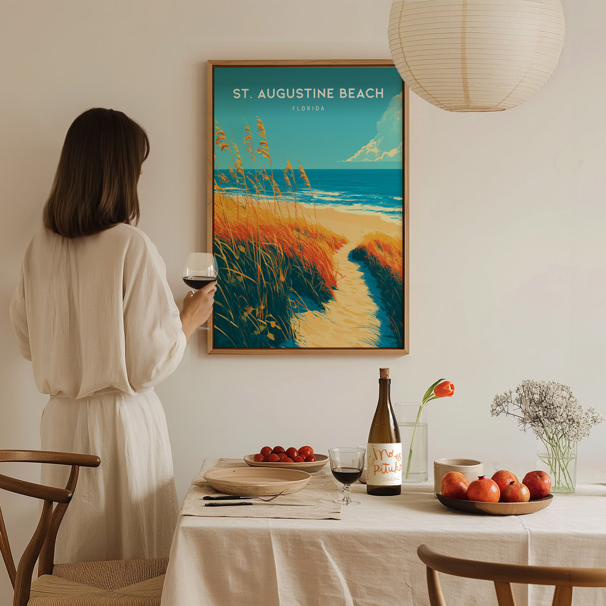 St. Augustine Beach, Florida Poster | Sun-Kissed Shores & Pier Wall Art — styled in a modern interior
