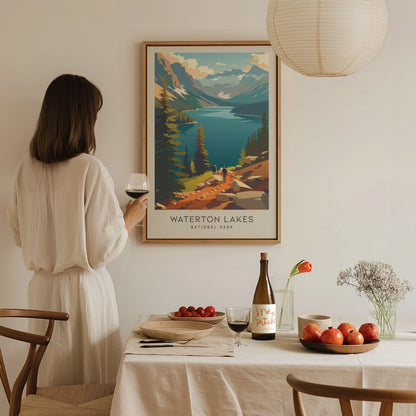 Waterton Lakes Matte Border Poster | National Park Travel Wall Art — styled in a modern interior