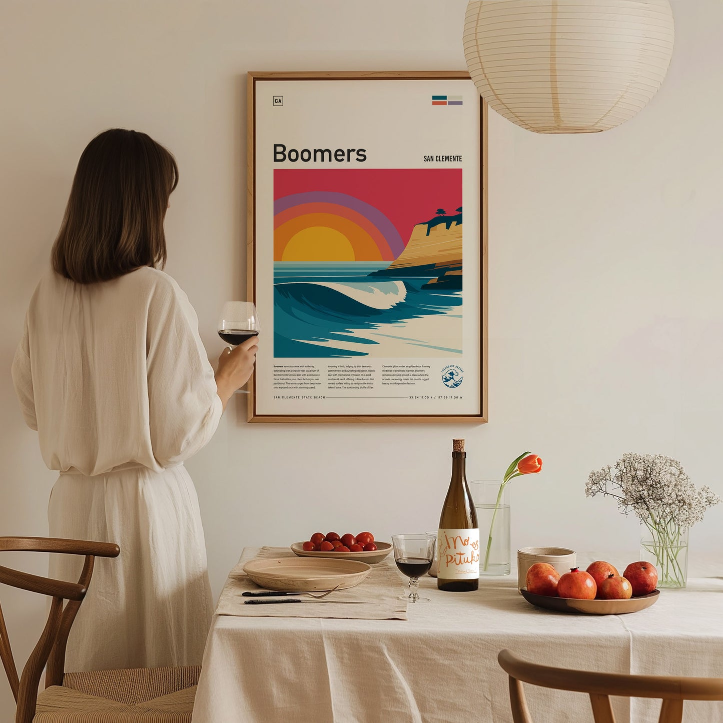 Boomers, California Poster | Golden Surf Break Barrel Wave Wall Art — styled in a modern interior