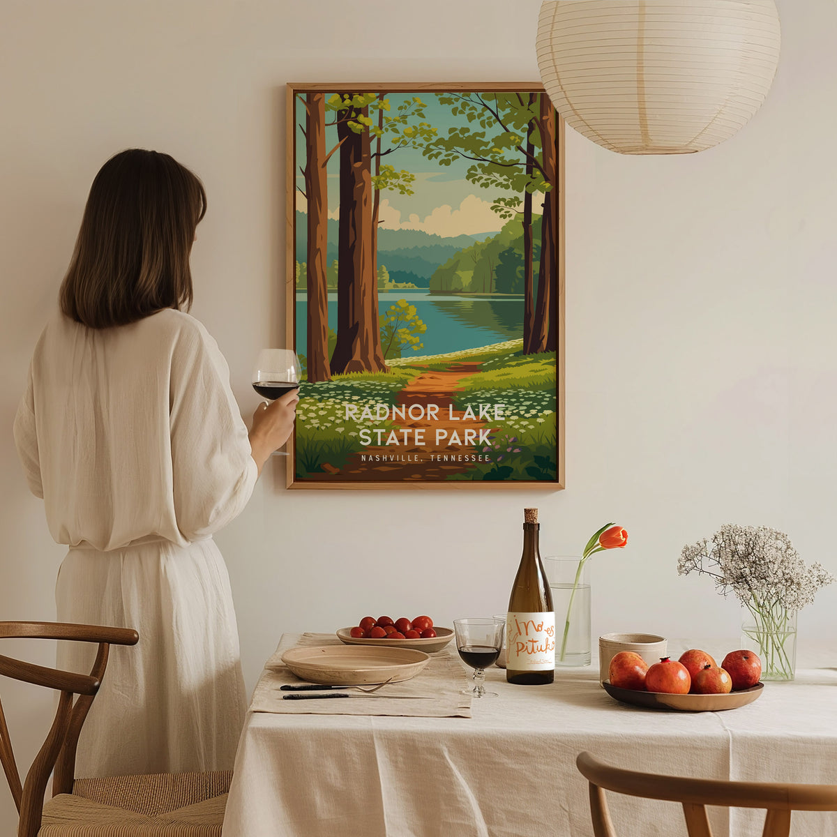 Radnor Lake State Park, Nashville, Tennessee Poster | Woodland Lake Serenity Travel Wall Art — styled in a modern interior