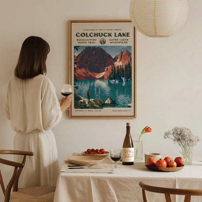 Colchuck Lake, Alpine Lakes Wilderness Poster | Hiker Gift | Backcountry Trail Wall Art — styled in a modern interior