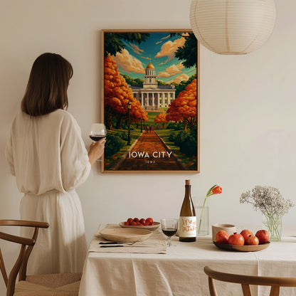 Iowa City, Iowa Poster | Heartland Campus & River Charm Travel Wall Art — styled in a modern interior