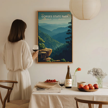 Gorges State Park, Sapphire, North Carolina Poster | Waterfall & Mountain Forest Travel Wall Art — styled in a modern interio