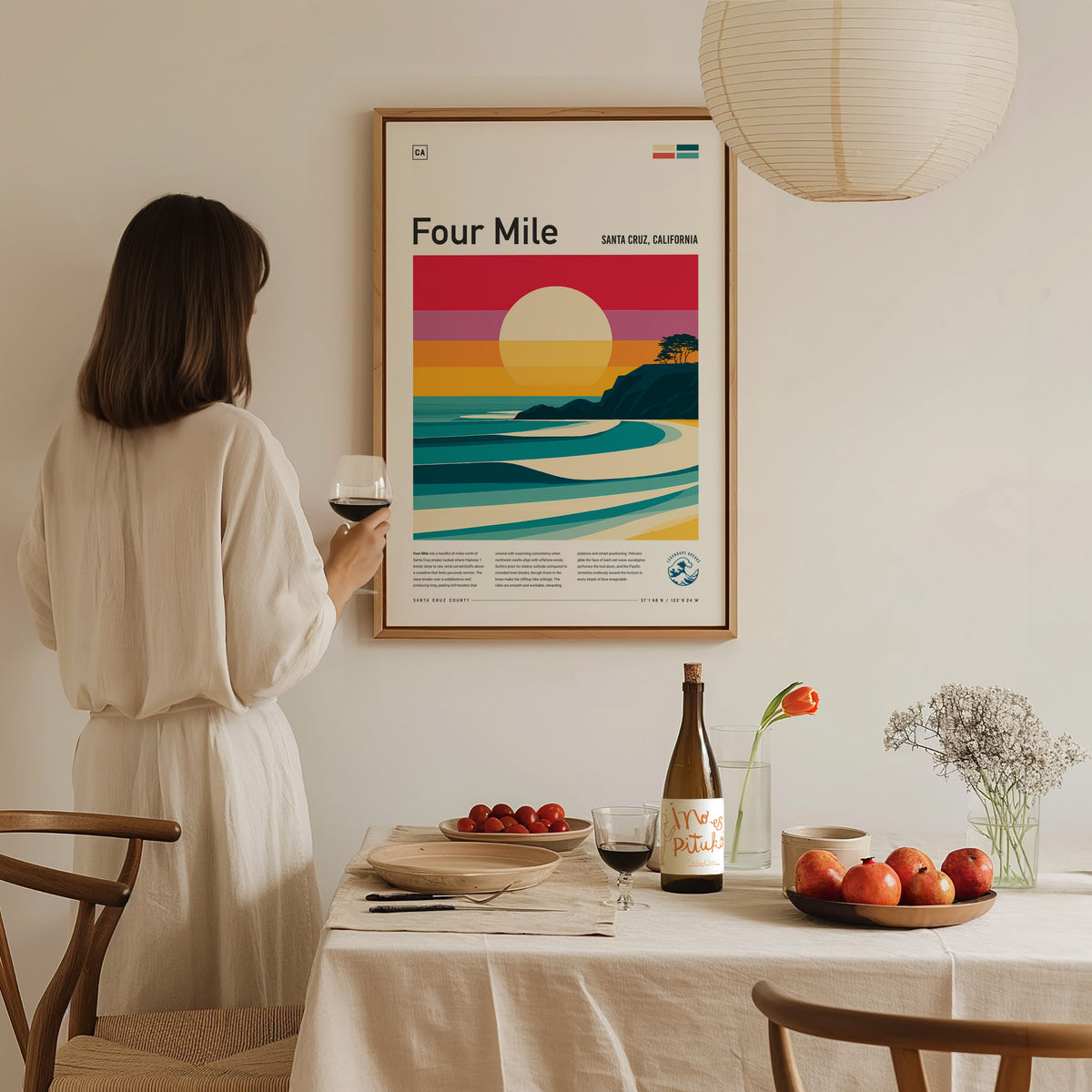Four Mile, Santa Cruz, California Poster | Surf Wall Art & Beach House Decor — styled in a modern interior