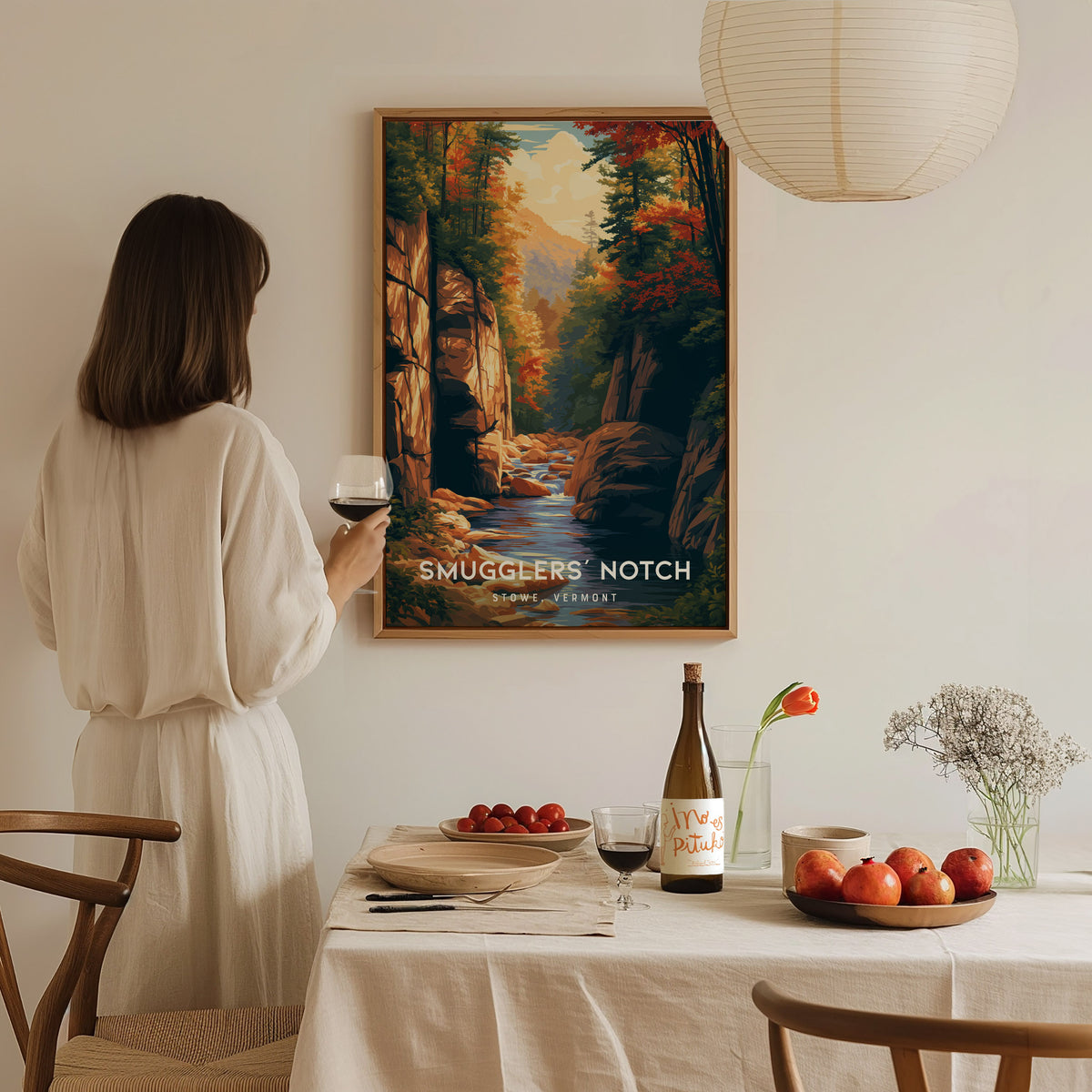 Smugglers' Notch, Stowe, Vermont Poster | Mountain Pass Destination Print Wall Art — styled in a modern interior
