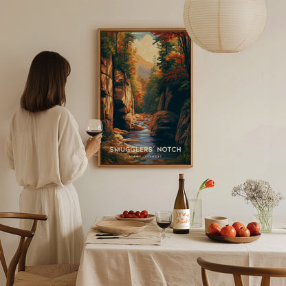 Smugglers' Notch, Stowe, Vermont Poster | Mountain Pass Destination Print Wall Art — styled in a modern interior