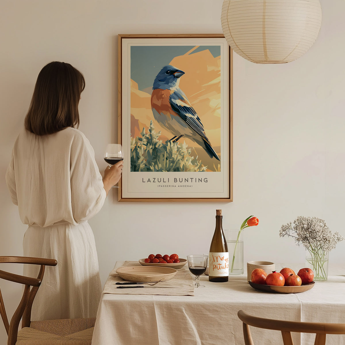 Lazuli Bunting, Passerina amoena Poster | Vibrant Songbird Nature Poster Wall Art — styled in a modern interior