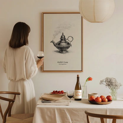 Aladdin's Lamp Poster | Lucerna Geniorum Pen and Ink Print Vintage Scientific Illustration Wall Art — styled in a modern inte