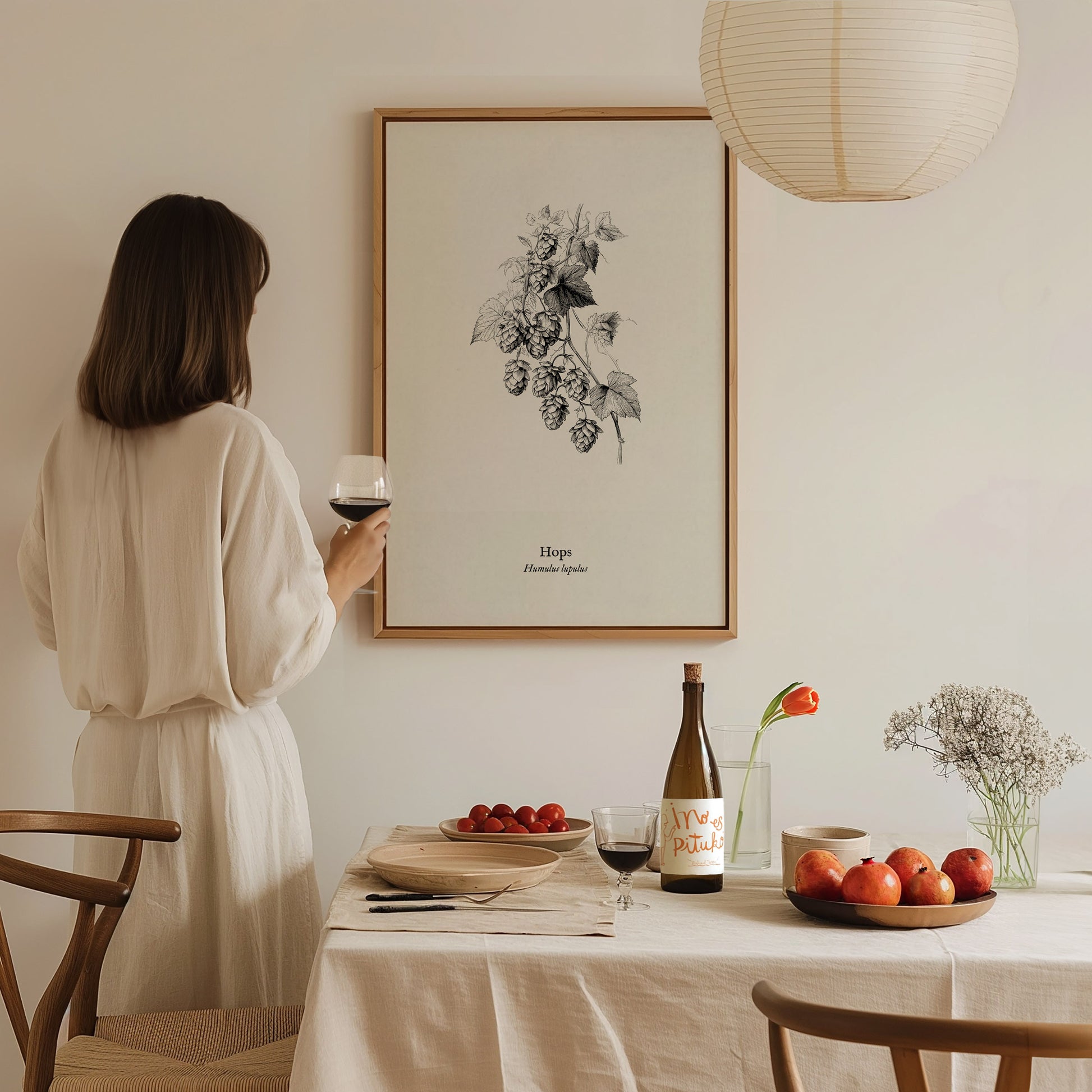 Hops Poster | Vintage Humulus lupulus Botanical Illustration Wall Art — styled in a modern interior