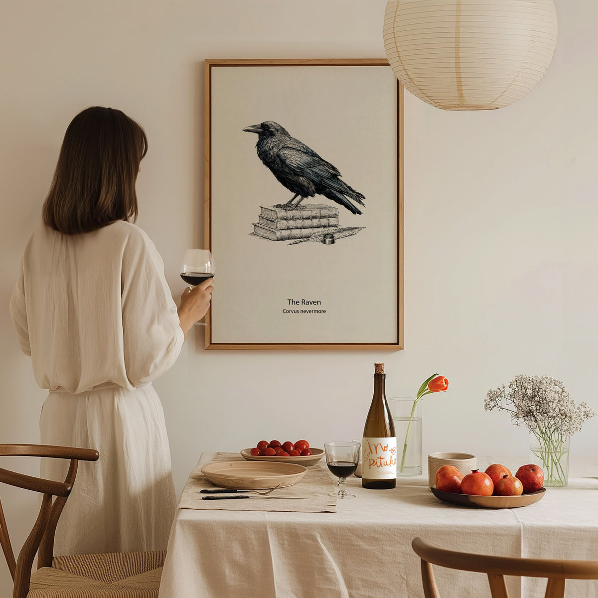 The Raven Poster | Corvus Nevermore Pen and Ink Print Zoological Illustration Wall Art — styled in a modern interior