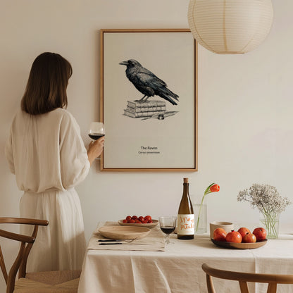 The Raven Poster | Corvus Nevermore Pen and Ink Print Zoological Illustration Wall Art — styled in a modern interior